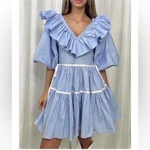 Blue Ruffled Dress with White Trim